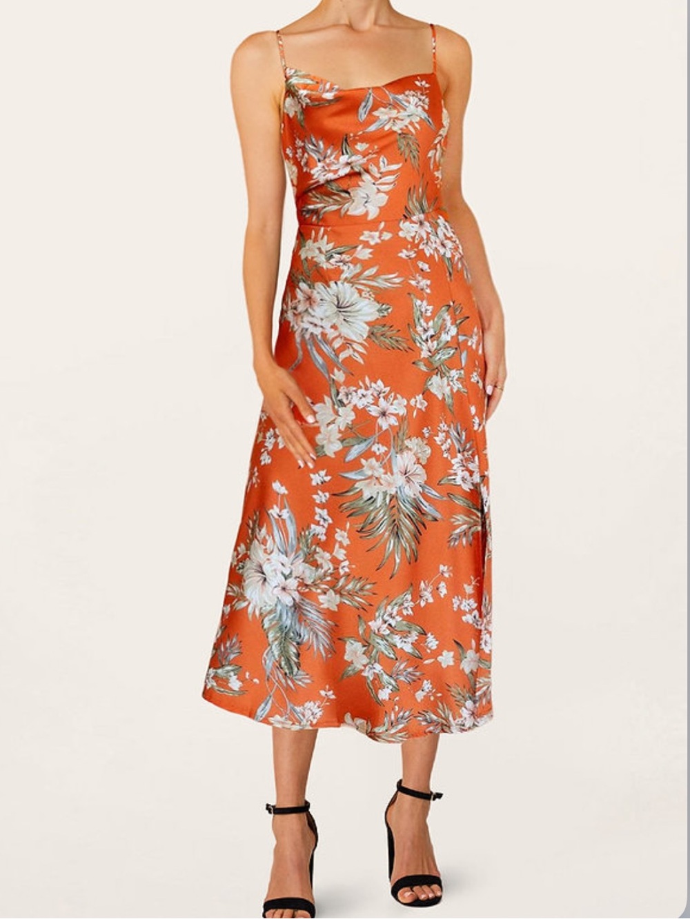 Luxedo Floral Orange Satin Maxi Slip Dress